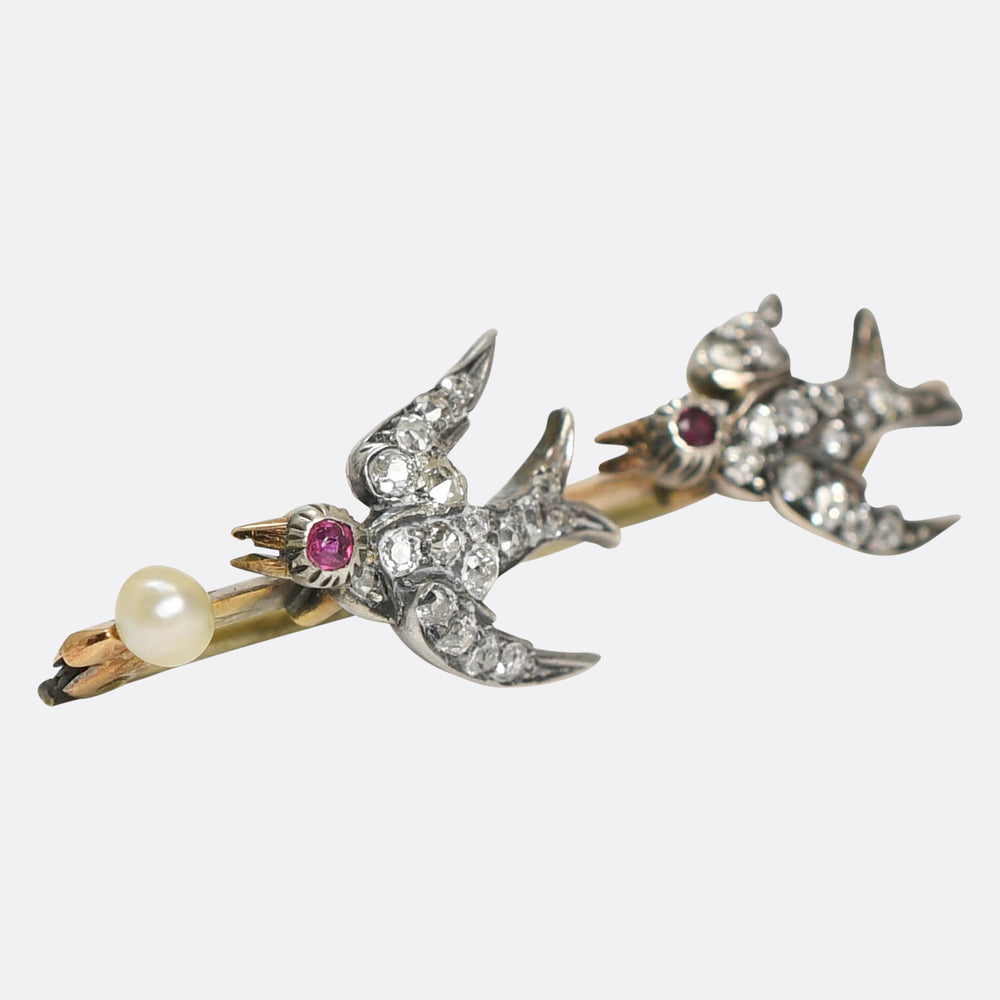 Victorian Diamond, Ruby & Pearl Swallow Brooch