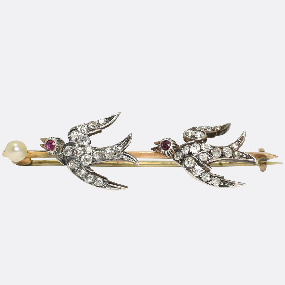 Victorian Diamond, Ruby & Pearl Swallow Brooch
