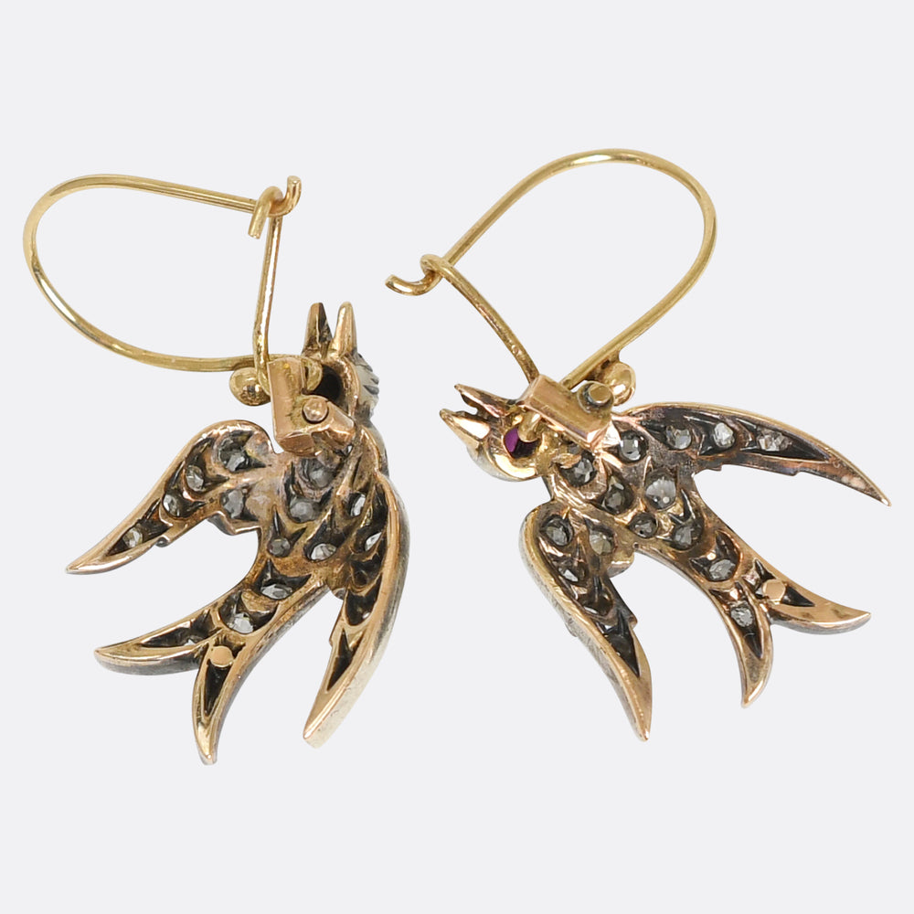 Victorian Diamond, Ruby & Pearl Swallow Earrings