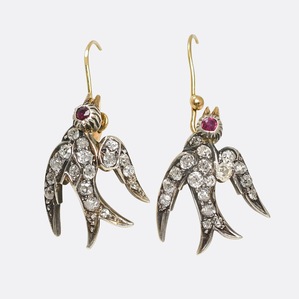 Victorian Diamond, Ruby & Pearl Swallow Earrings