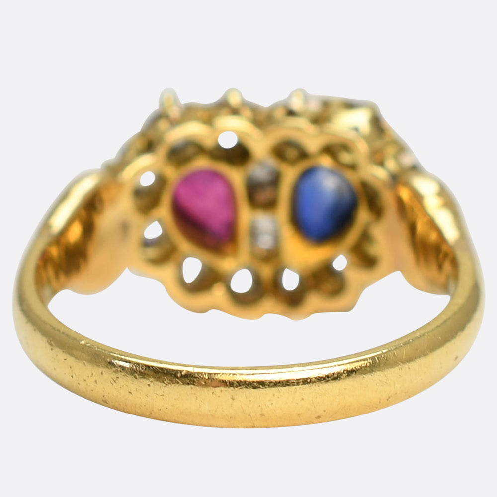 Victorian Diamond, Ruby & Sapphire Double Heart Ring
