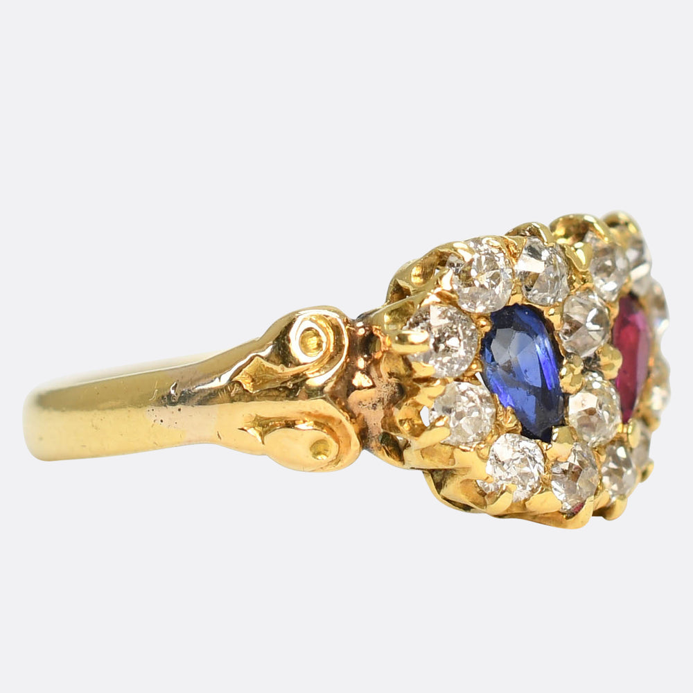 Victorian Diamond, Ruby & Sapphire Double Heart Ring