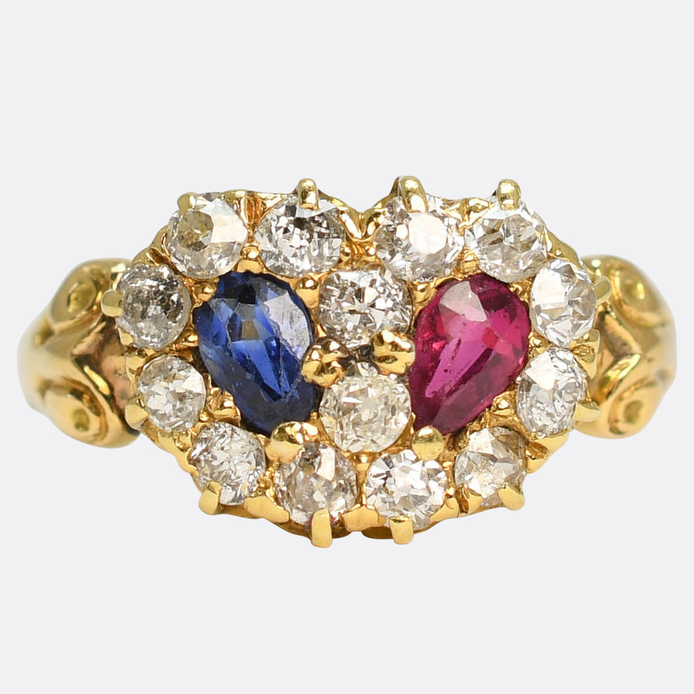 Victorian Diamond, Ruby & Sapphire Double Heart Ring