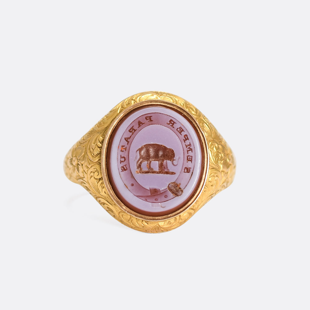 Victorian Elephant SEMPER PARITUS Intaglio Signet Ring