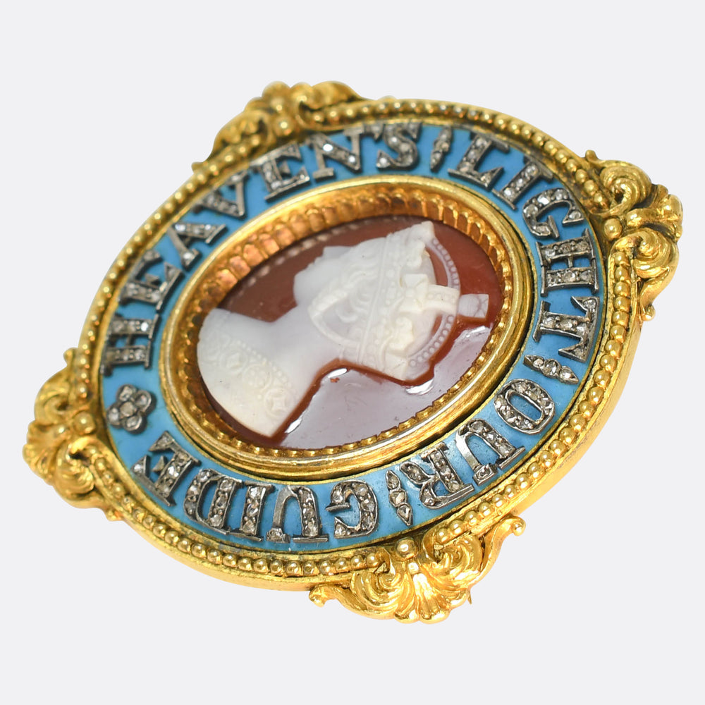 Victorian Enamel & Diamond Cameo Heavens Light Our Guide Medal Brooch