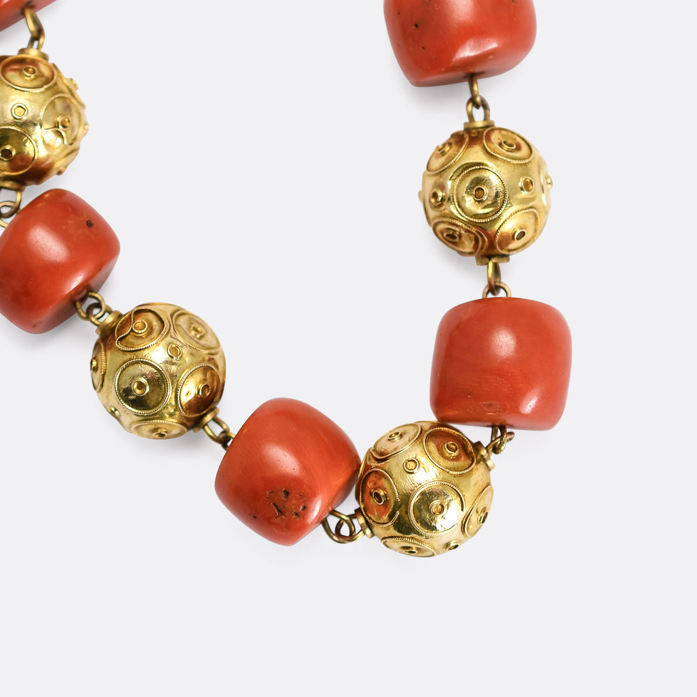 Victorian Etruscan Revival Coral & Gold Bead Necklace