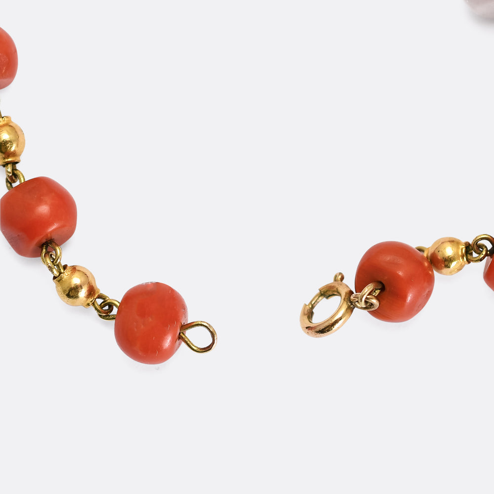 Victorian Etruscan Revival Coral & Gold Bead Necklace