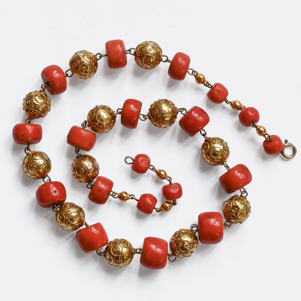 Victorian Etruscan Revival Coral & Gold Bead Necklace