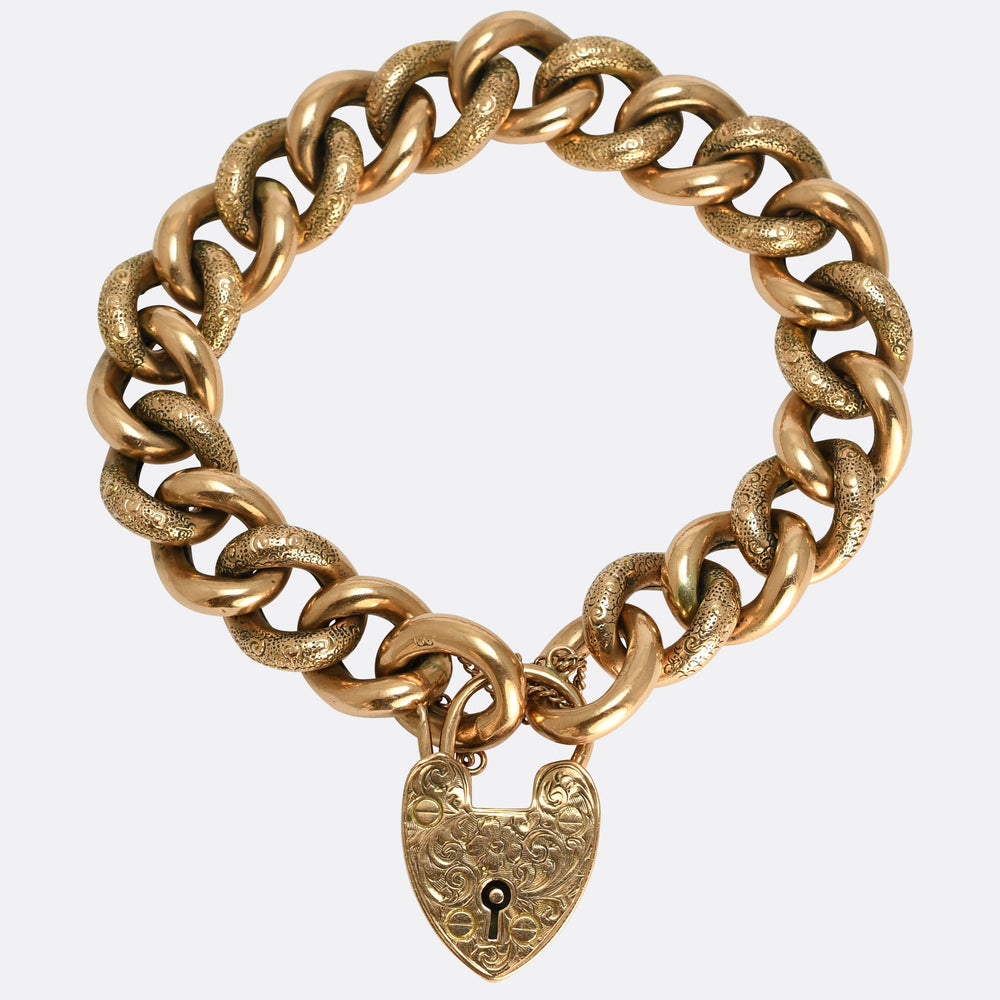 Victorian Gold Curb-Link Bracelet with Heart Padlock