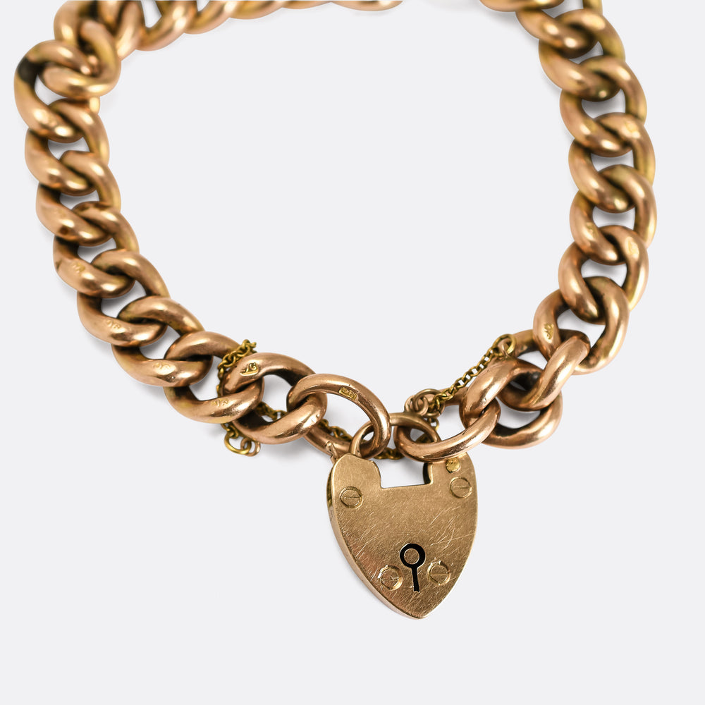 Victorian Gold Curb-Link Bracelet with Heart Padlock
