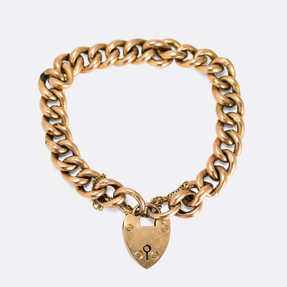 Victorian Gold Curb-Link Bracelet with Heart Padlock