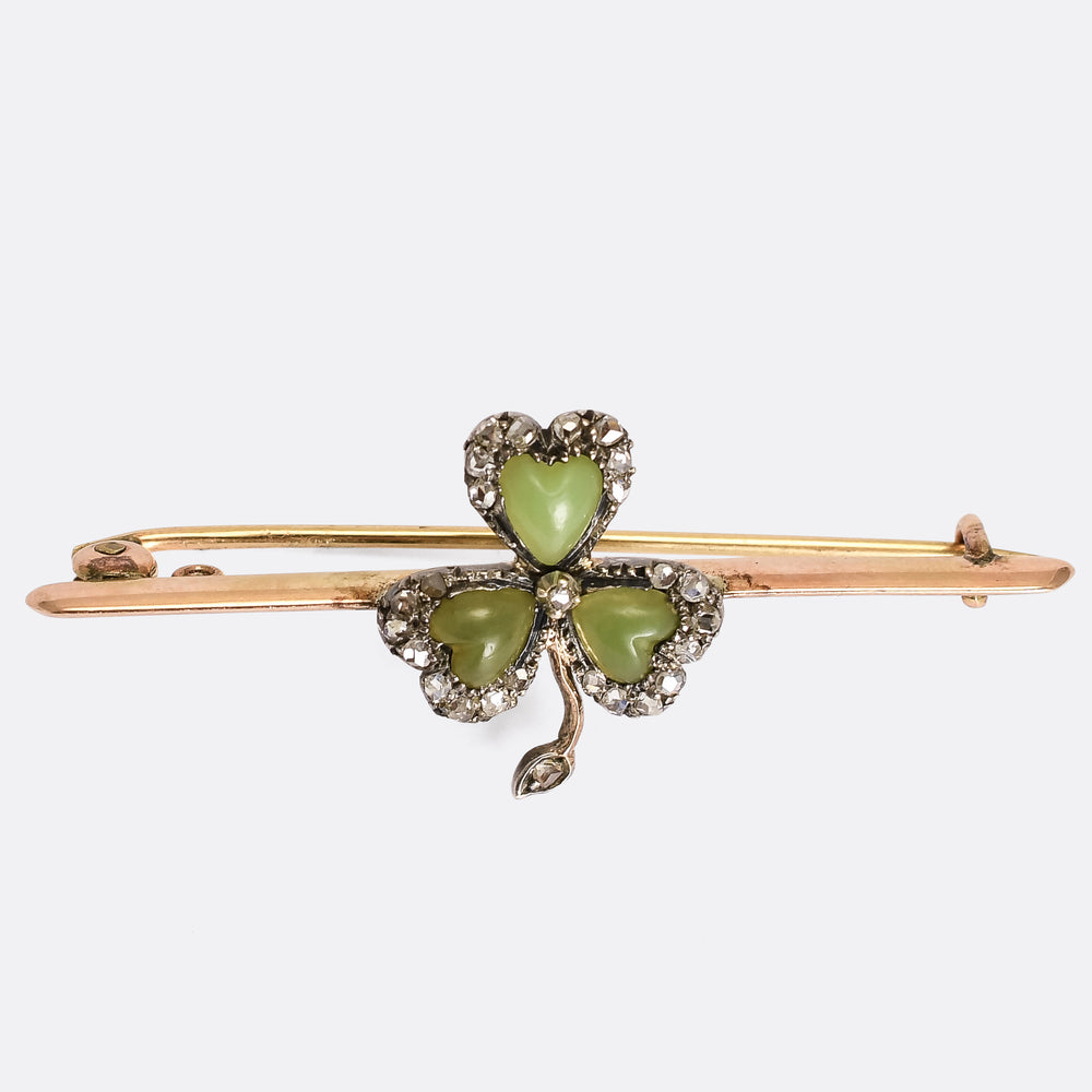 Victorian Jade & Diamond Trefoil Bar Brooch