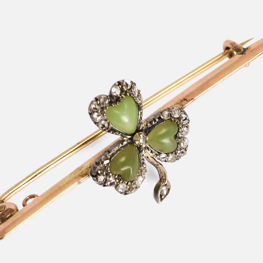 Victorian Jade & Diamond Trefoil Bar Brooch