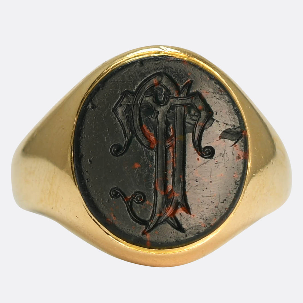 Victorian Monogram Intaglio Bloodstone Signet Ring