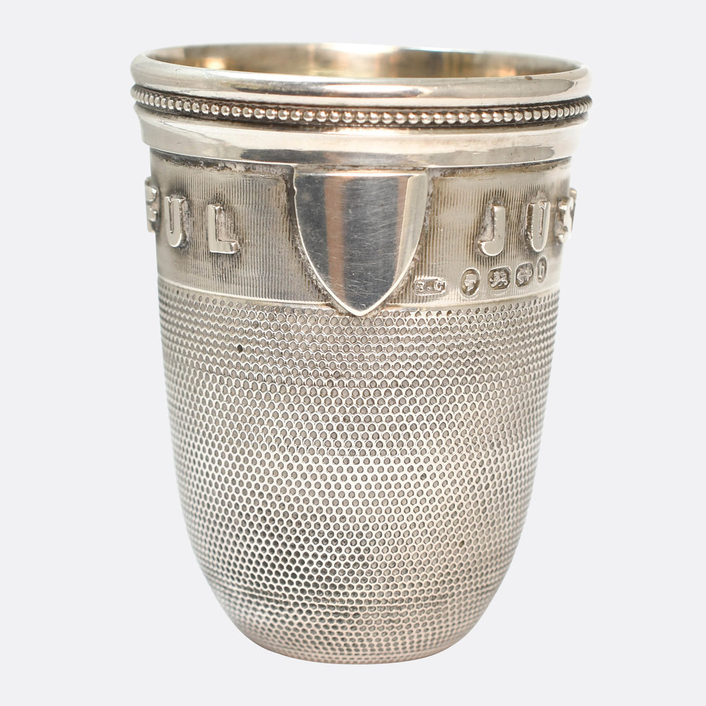 Victorian Novelty Silver Just A Thimbleful Shot Glass