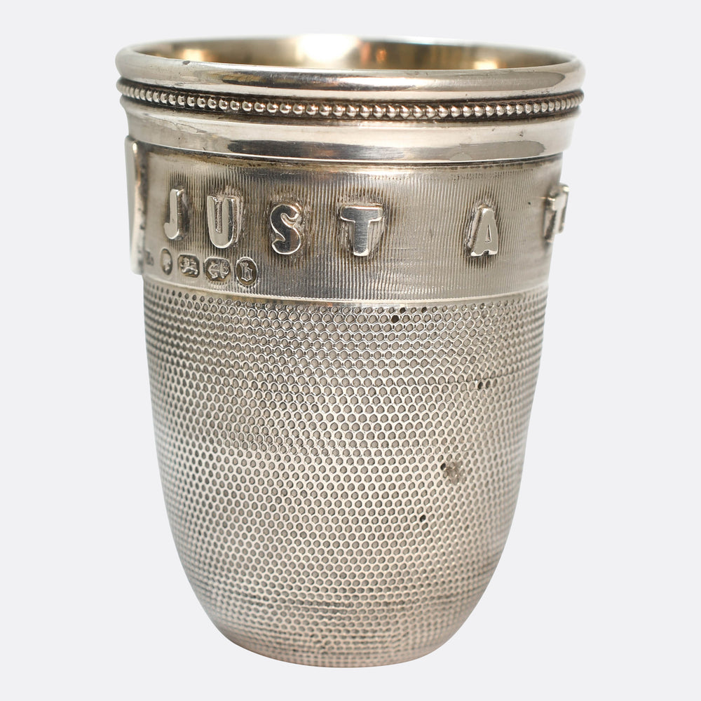 Victorian Novelty Silver Just A Thimbleful Shot Glass