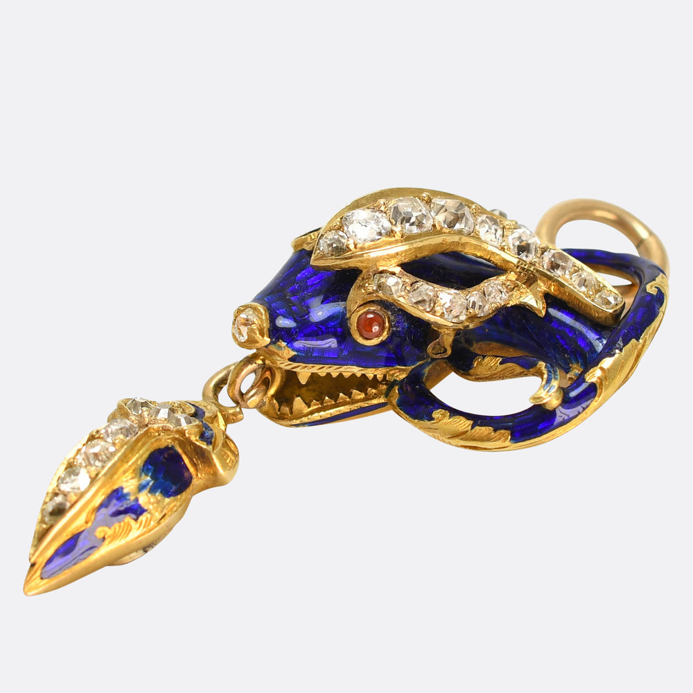 Victorian Old Cut Diamond & Enamel Snake Drop Pendant