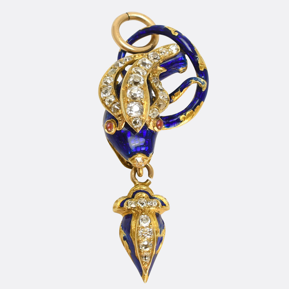 Victorian Old Cut Diamond & Enamel Snake Drop Pendant