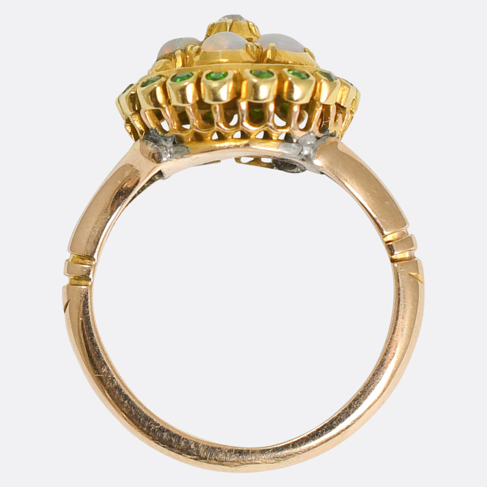 Victorian Opal, Diamond & Demantoid Garnet Cluster Ring