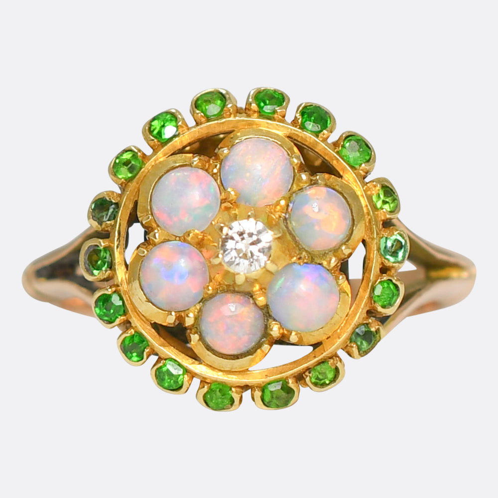 Victorian Opal, Diamond & Demantoid Garnet Cluster Ring