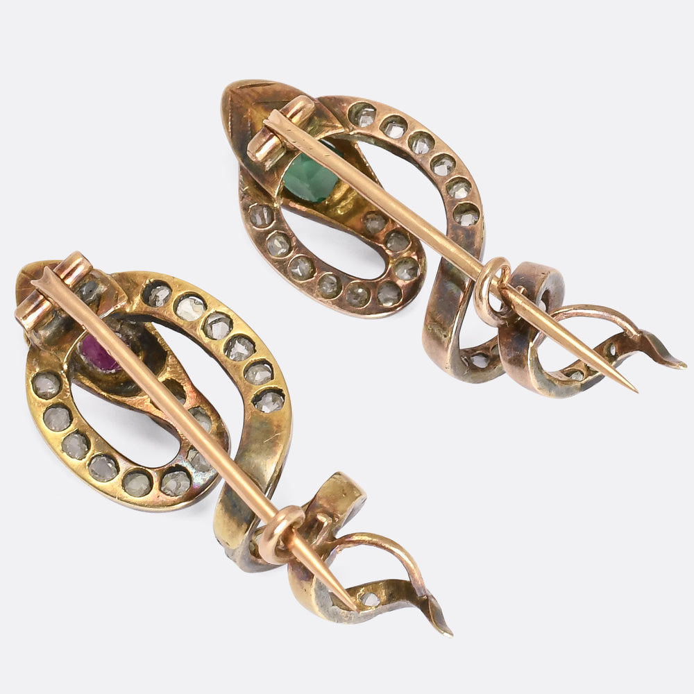 Victorian Pair of Emerald & Ruby Coiled Snake Slider Pendants