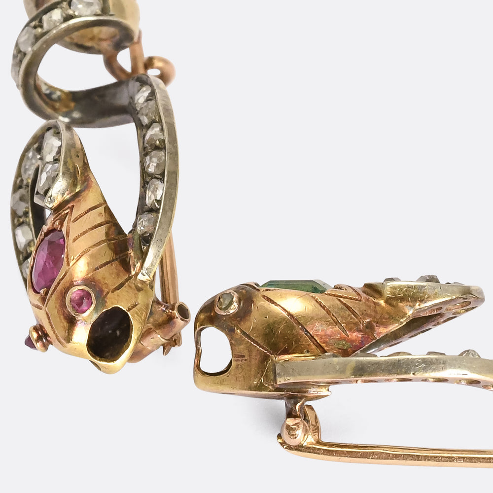 Victorian Pair of Emerald & Ruby Coiled Snake Slider Pendants