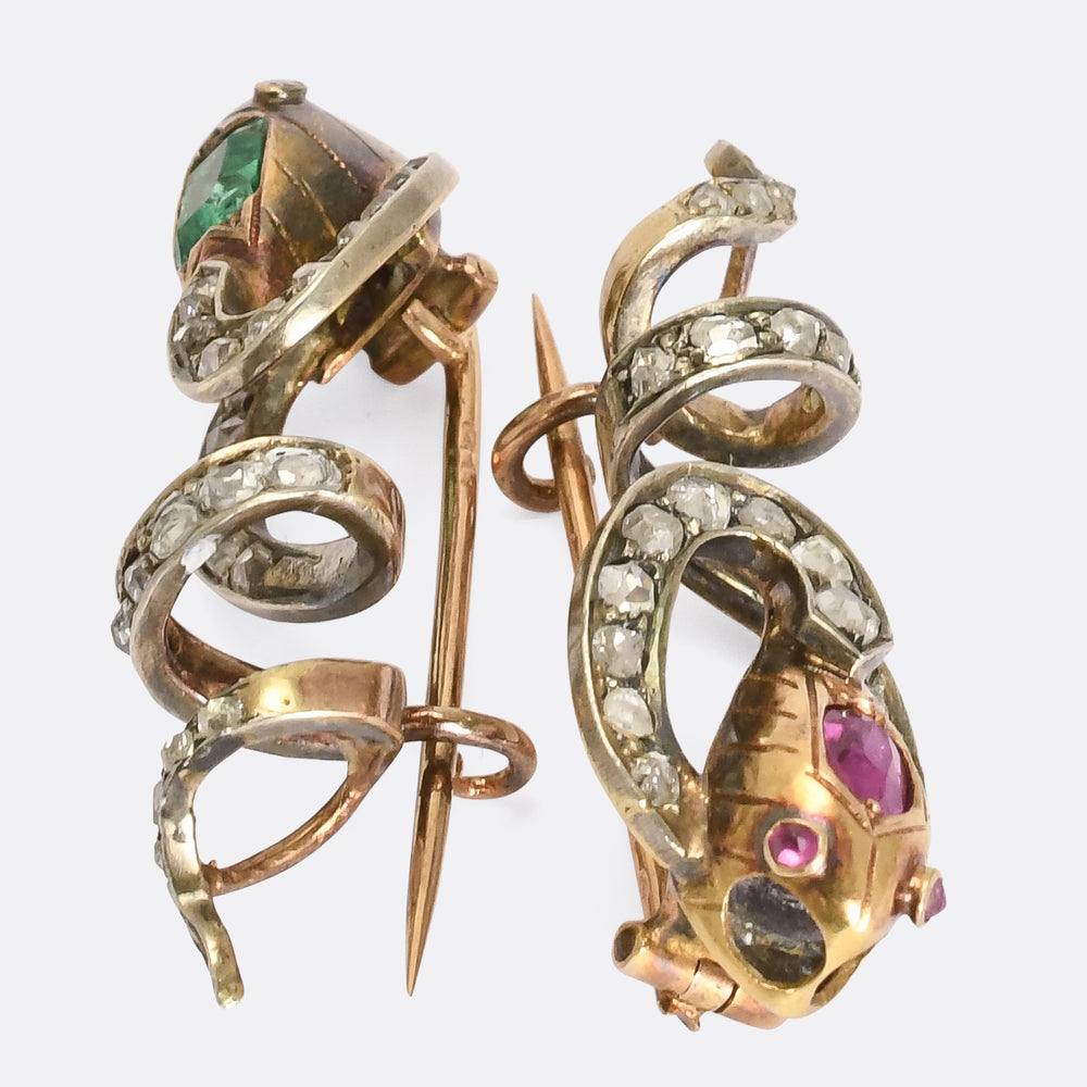 Victorian Pair of Emerald & Ruby Coiled Snake Slider Pendants
