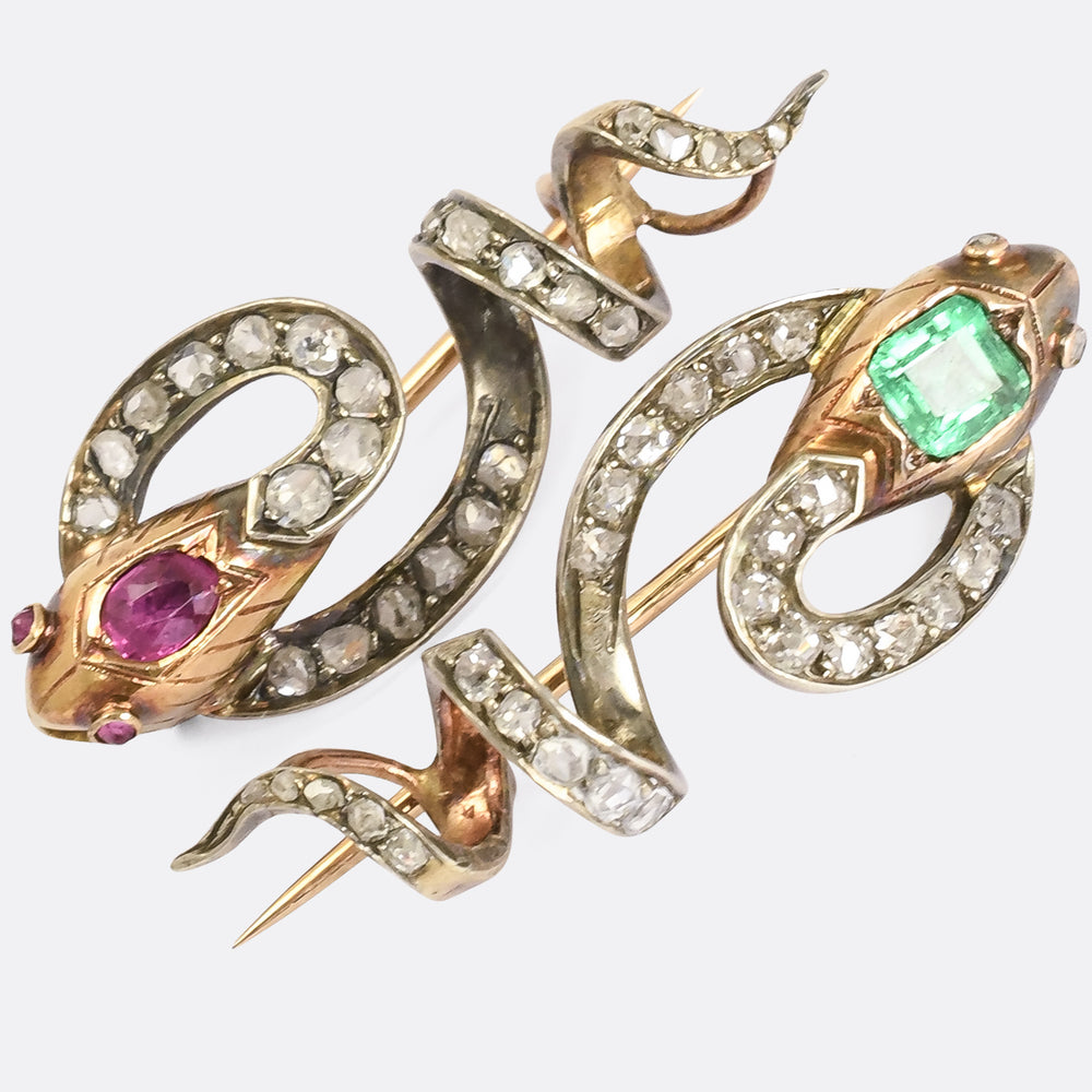 Victorian Pair of Emerald & Ruby Coiled Snake Slider Pendants