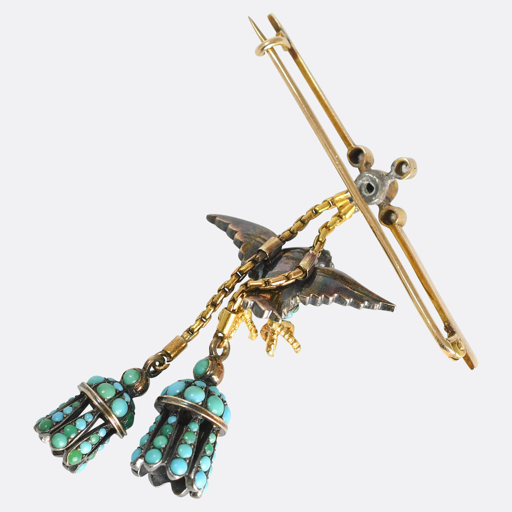 Victorian Pavé Turquoise, Pearl & Diamond Eagle Tassel Brooch