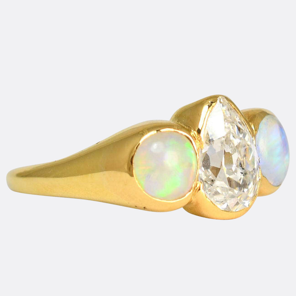 Victorian Pear Cut Diamond & Opal 3-Stone Ring