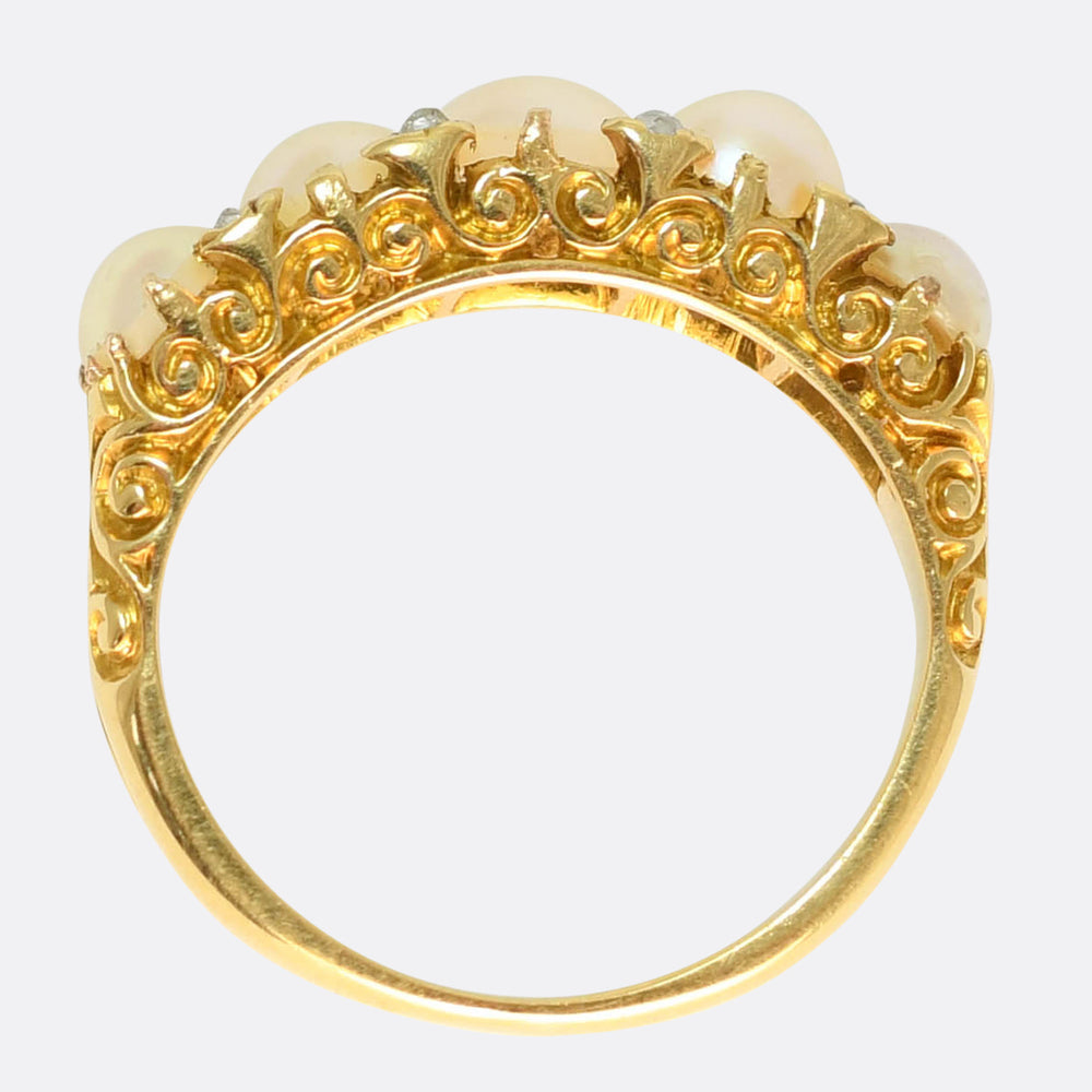 Victorian Pearl & Diamond Carved Half Hoop Ring