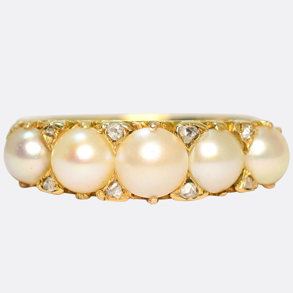 Victorian Pearl & Diamond Carved Half Hoop Ring
