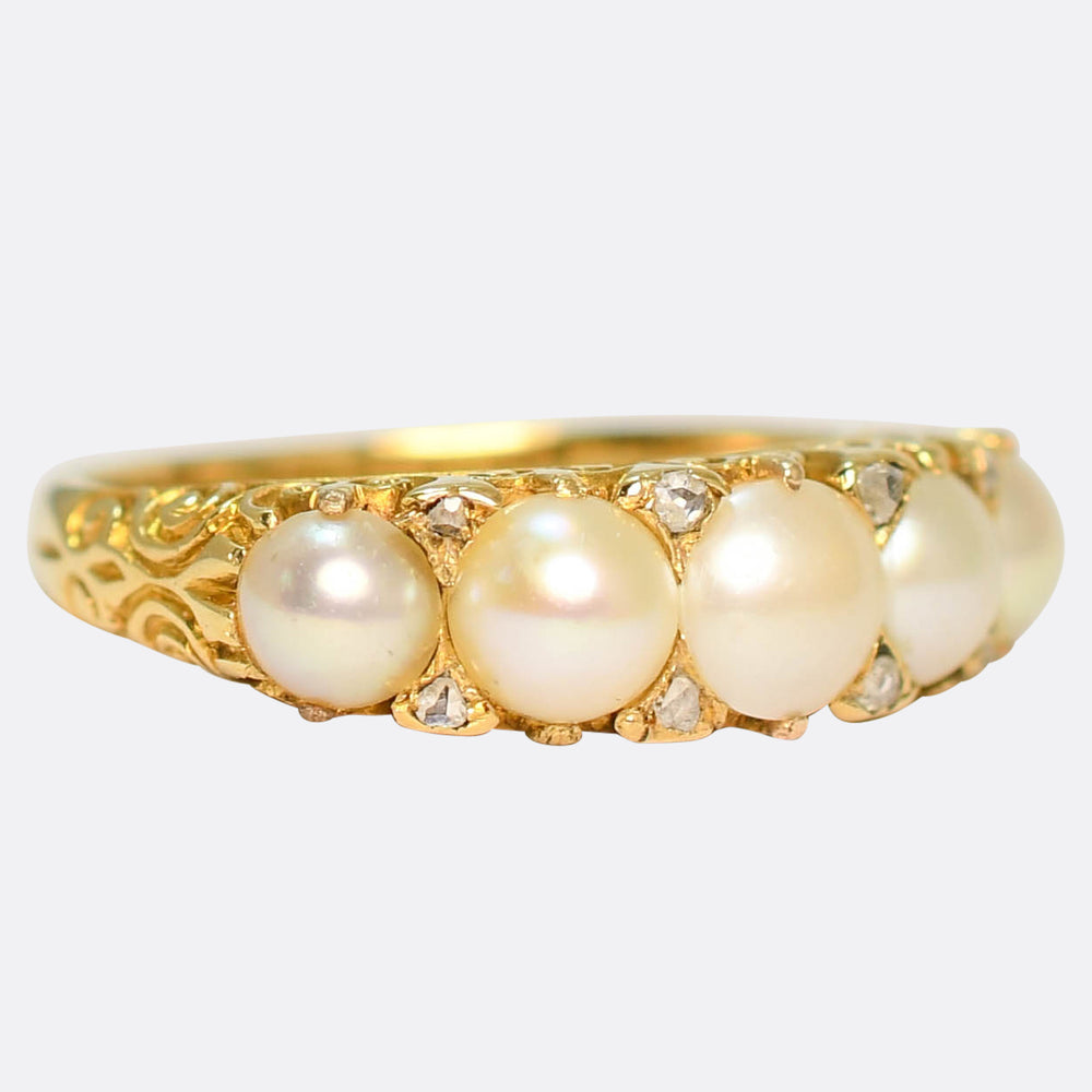 Victorian Pearl & Diamond Carved Half Hoop Ring