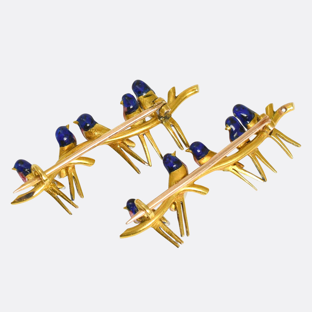 Victorian Pearl, Diamond & Enamel 15k Bird Brooches