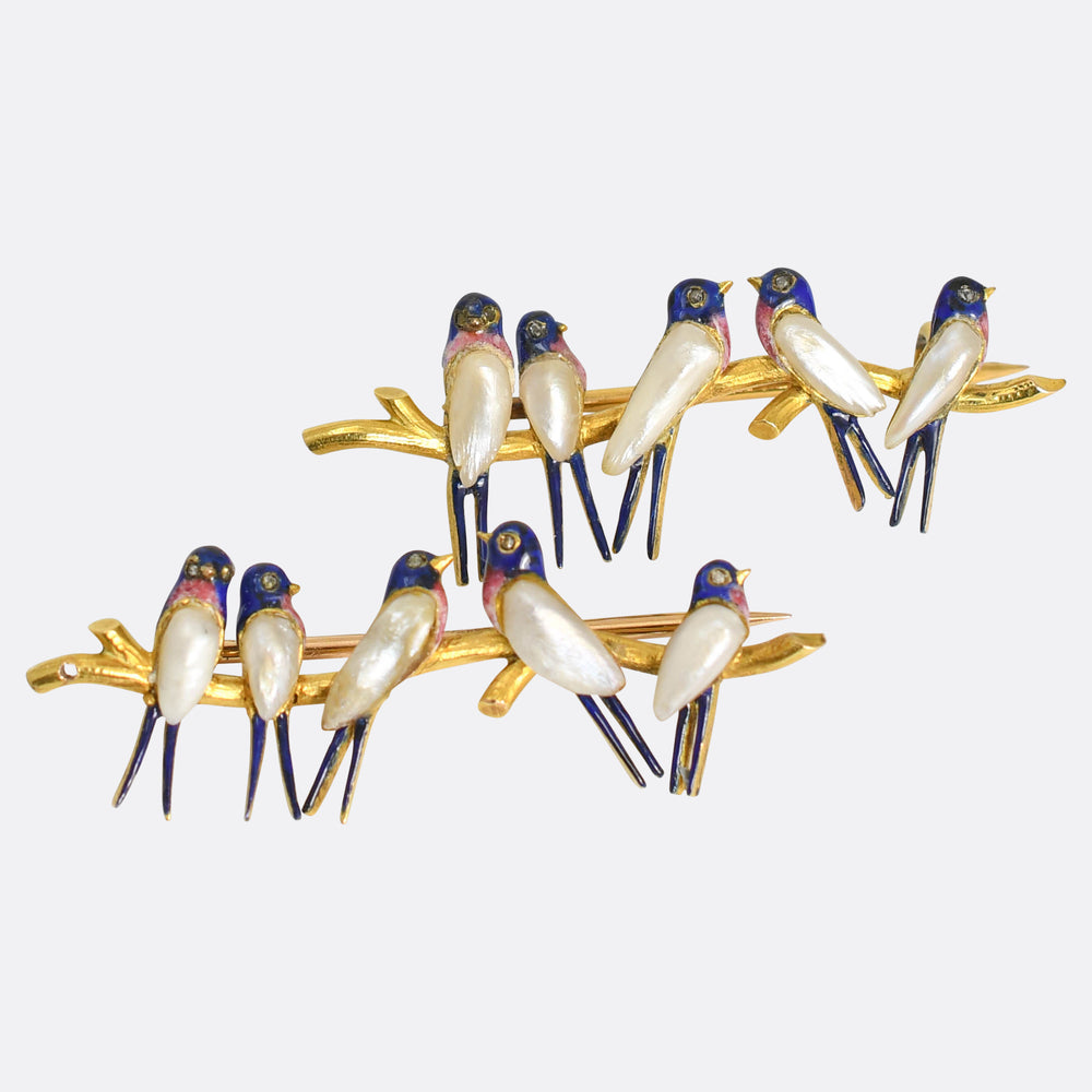 Victorian Pearl, Diamond & Enamel 15k Bird Brooches