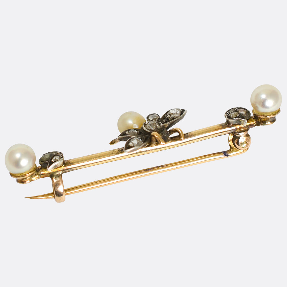 Victorian Pearl & Rose Cut Diamond Insect Bar Brooch