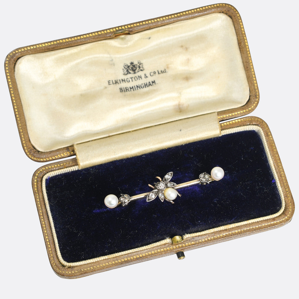Victorian Pearl & Rose Cut Diamond Insect Bar Brooch