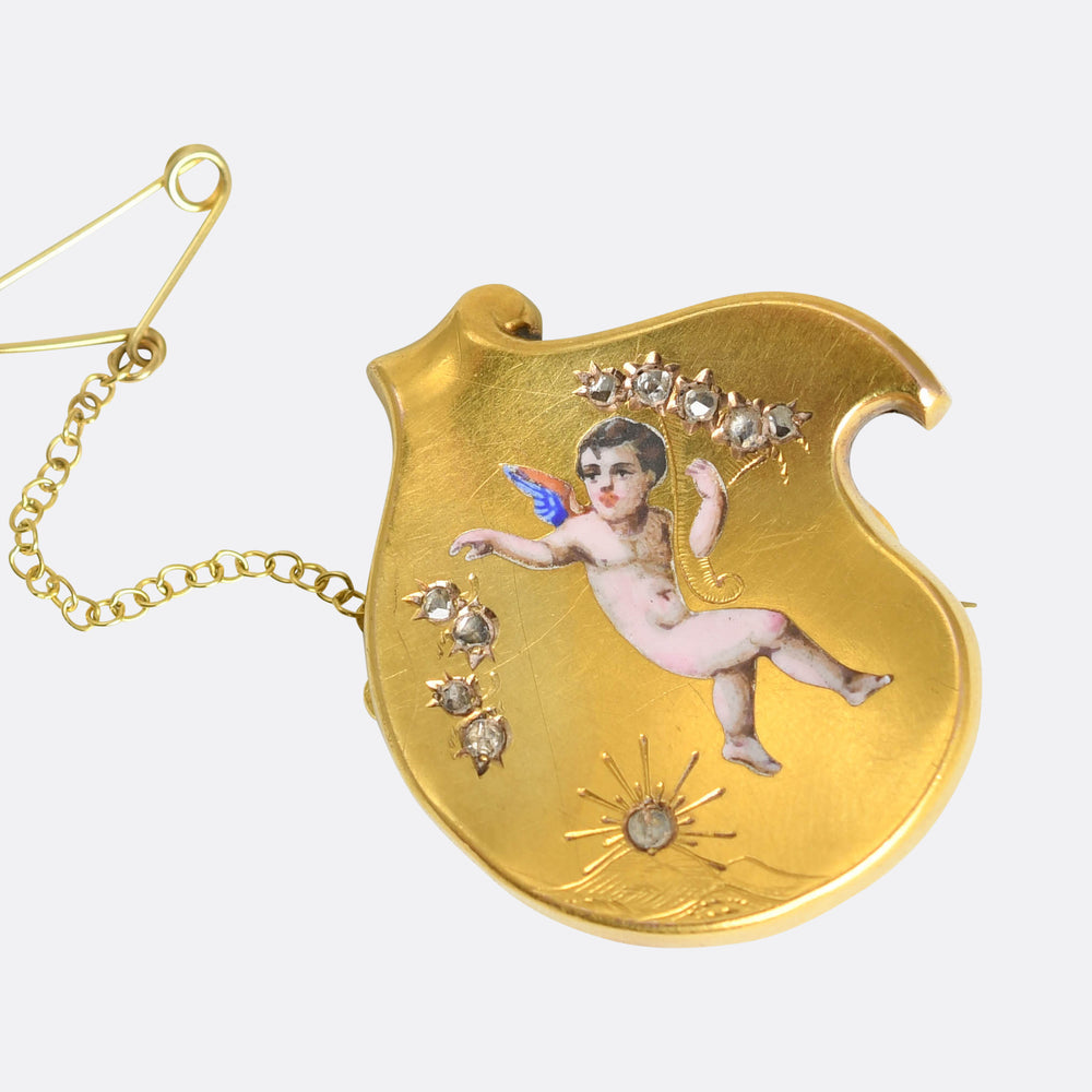 Victorian Rose Cut Diamond & Enamel Cherub Brooch