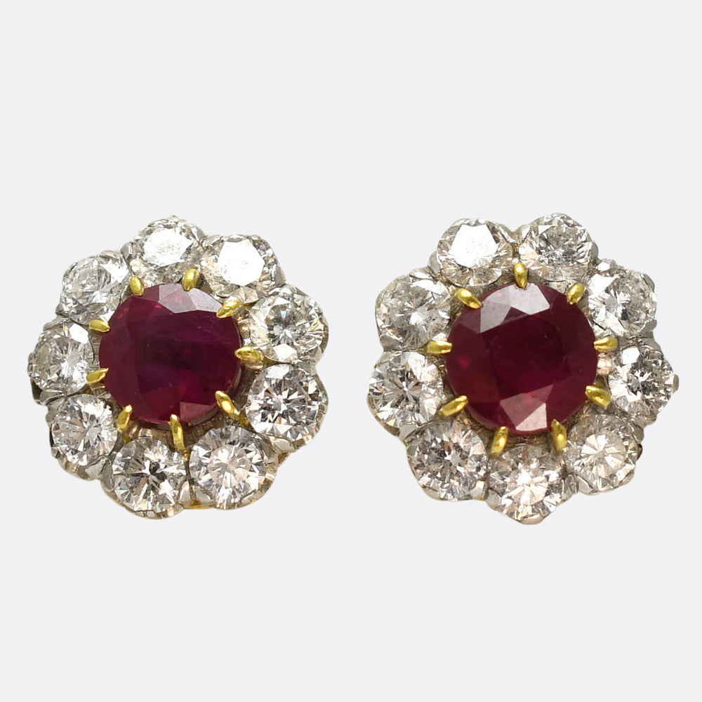 Victorian Ruby & Diamond Flower Cluster Earrings by Asprey London