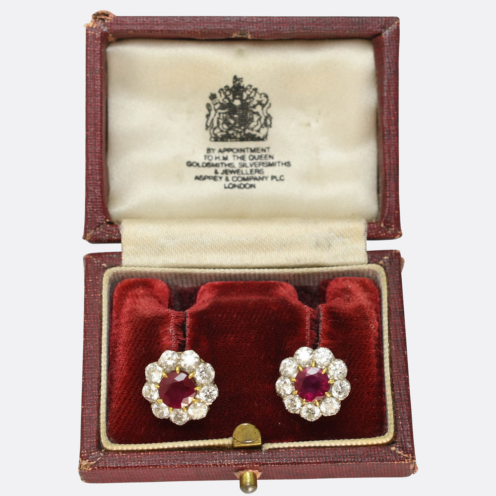 Victorian Ruby & Diamond Flower Cluster Earrings by Asprey London