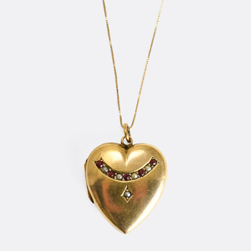 Victorian Ruby & Pearl Heart Locket Pendant