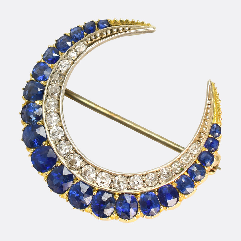 Victorian Sapphire & Diamond Crescent Brooch Pendant