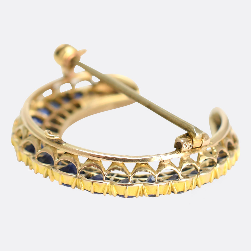 Victorian Sapphire & Diamond Crescent Brooch Pendant