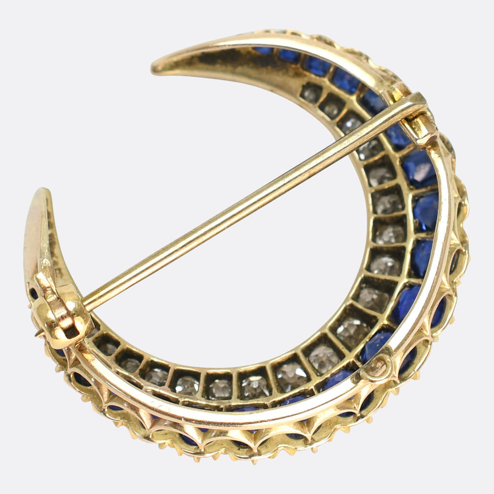 Victorian Sapphire & Diamond Crescent Brooch Pendant
