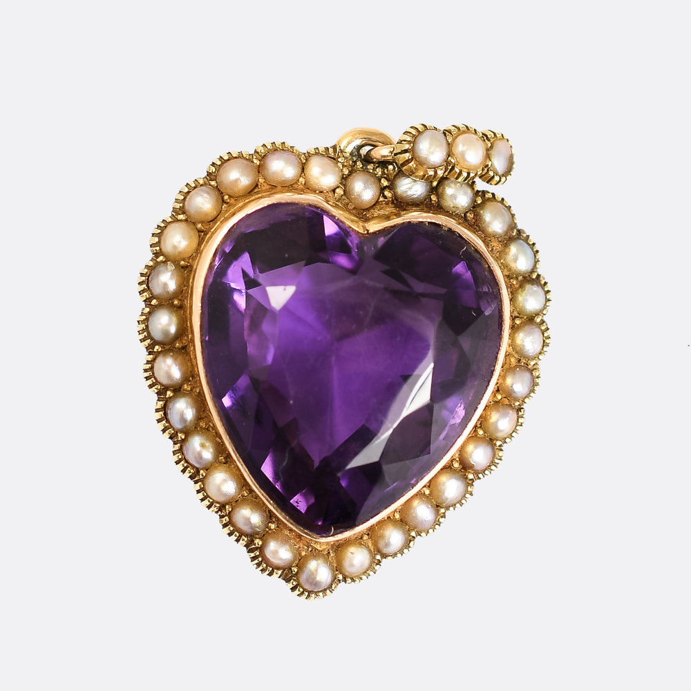 Victorian Siberian Amethyst & Pearl Heart Pendant