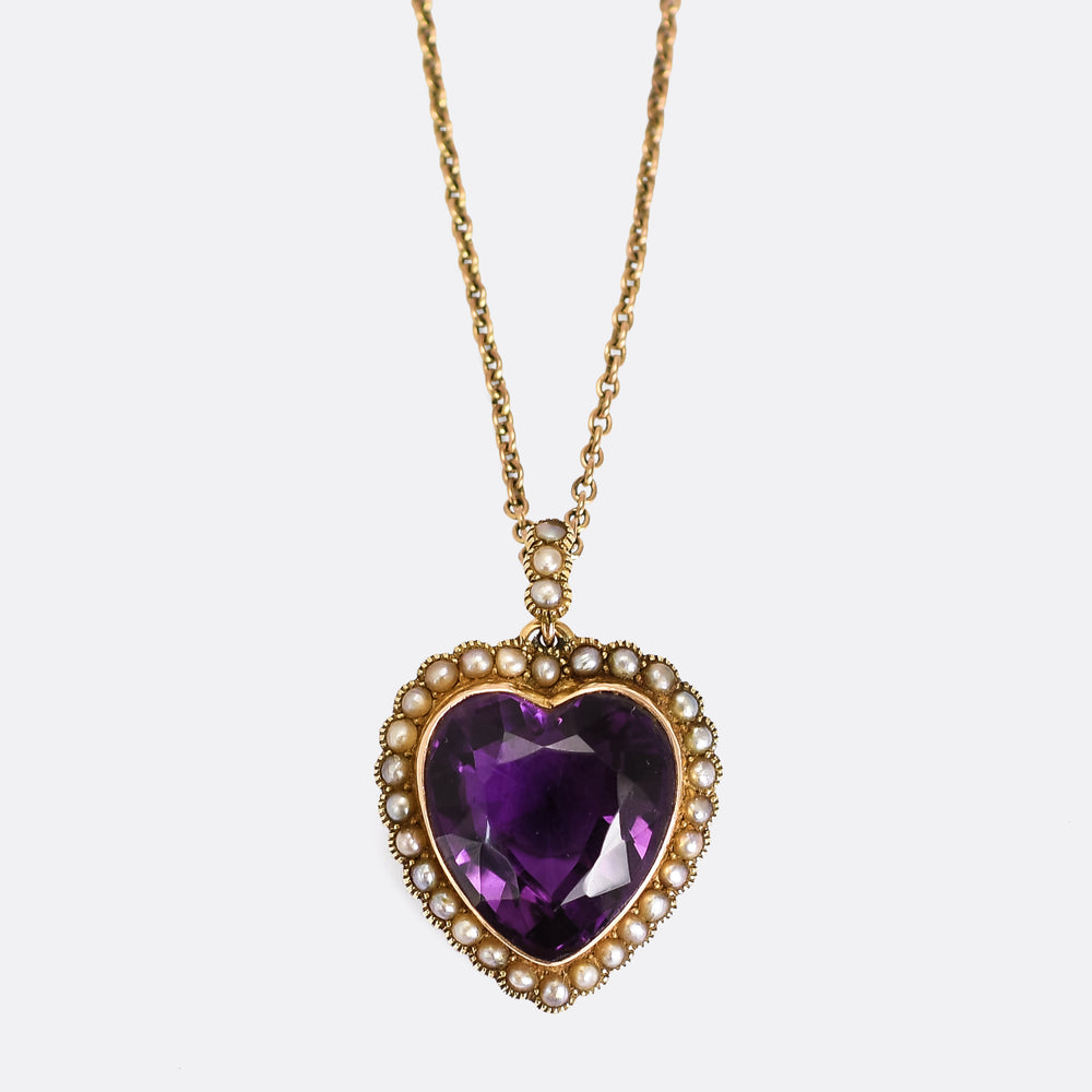 Victorian Siberian Amethyst & Pearl Heart Pendant