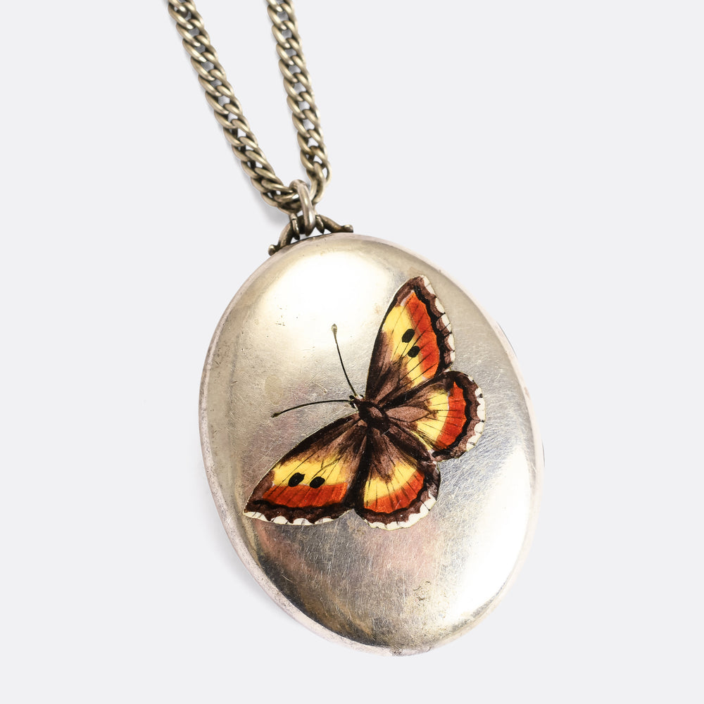 Victorian Silver Butterfly Locket & Chain