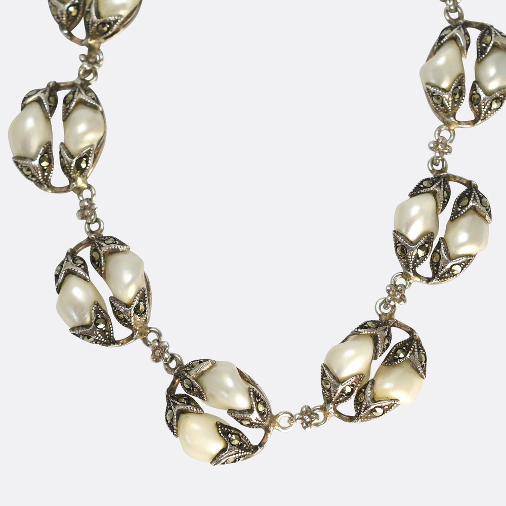 Victorian Teeth & Marcasite Silver Necklace