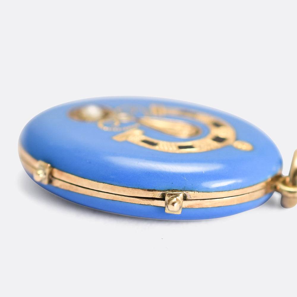 Victorian Turquoise & Pearl Enamel Lucky Horseshoe Locket