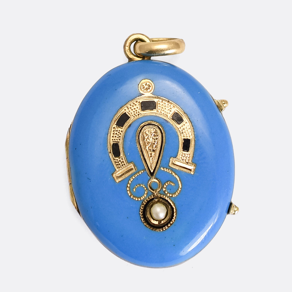 Victorian Turquoise & Pearl Enamel Lucky Horseshoe Locket